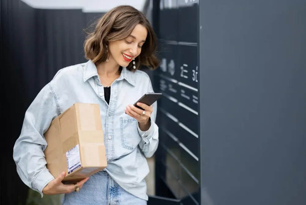 Cliente heureuse recevant un colis ecommerce illustrant une livraison fluide et un service fiable
