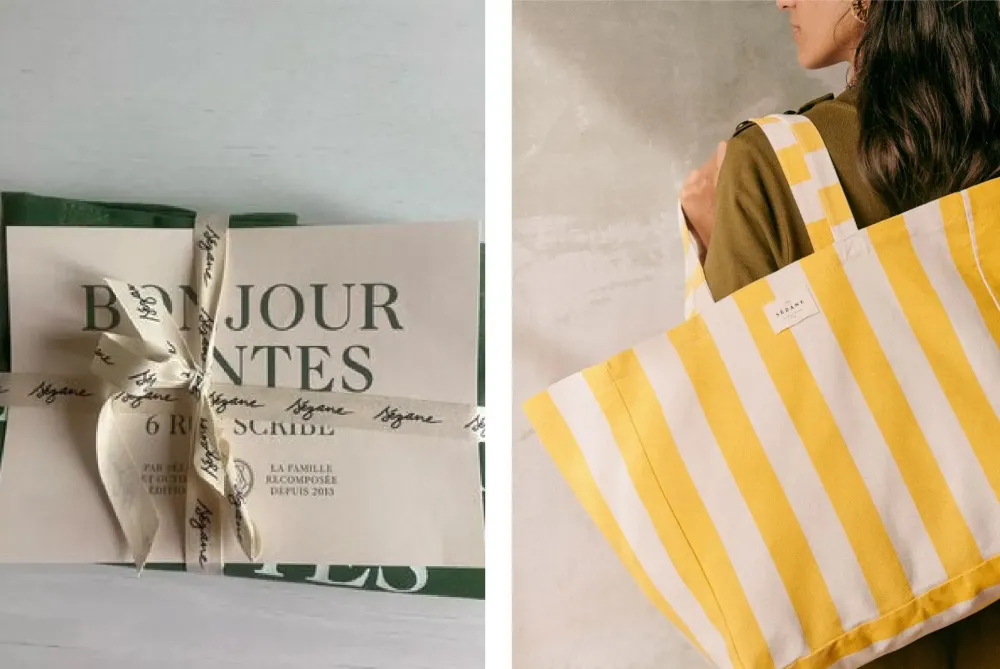 Sézane unboxing featuring a seasonal collector tote bag and elegant packaging, creating a memorable and collectible customer experience